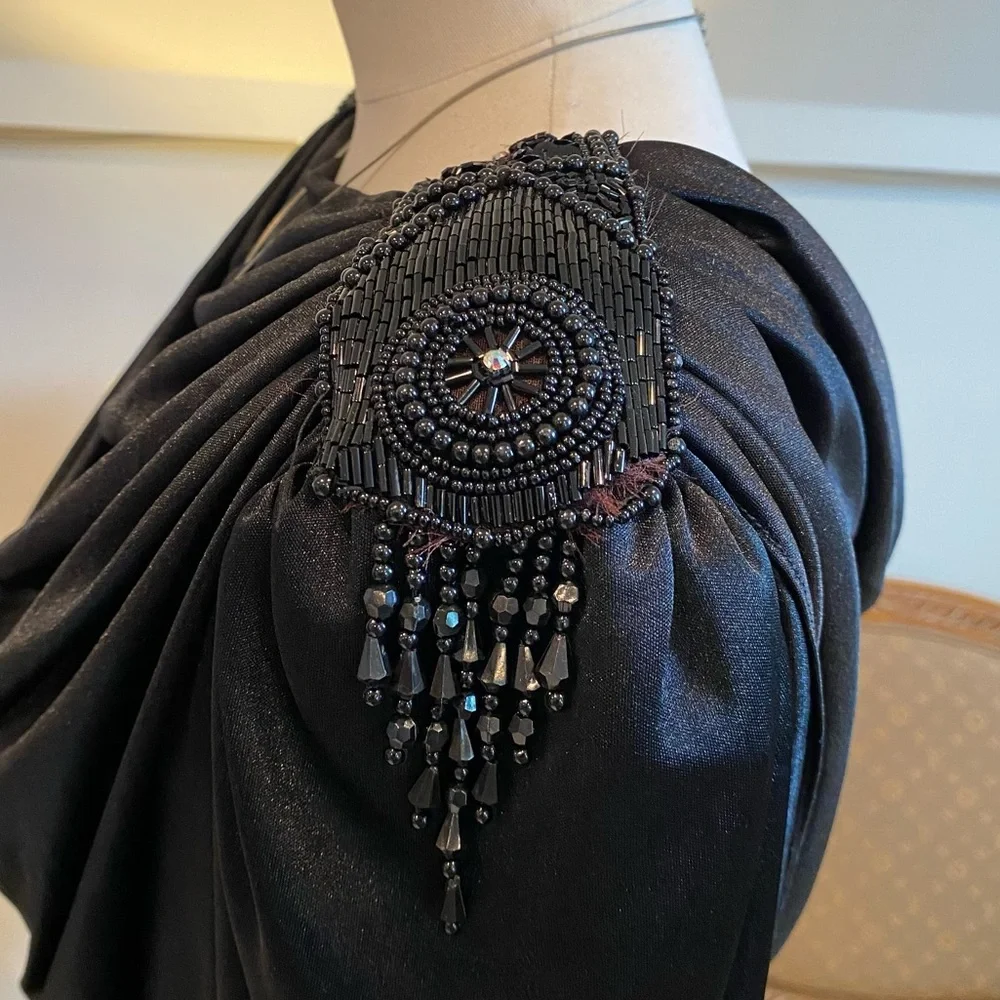 Vintage 80s Women's Elegant Black Draped Dress with Beaded Details by Abby Kent - Picture 3 of 11